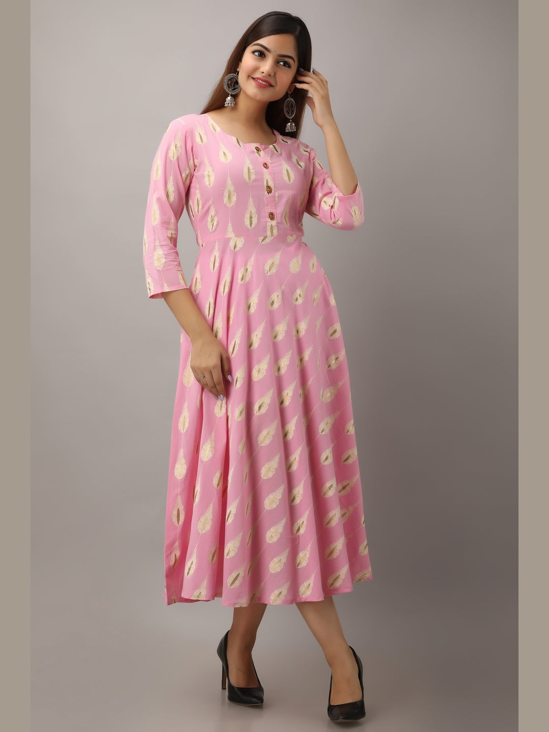Cotton Printed Round Neck 3/4 Sleeve Flared Ankle Length Kurta