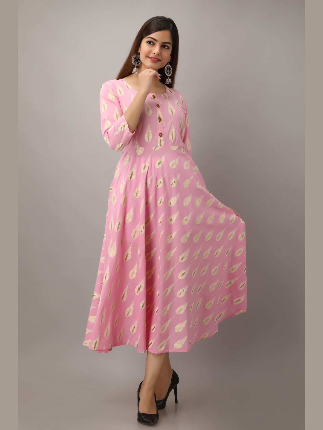 Cotton Printed Round Neck 3/4 Sleeve Flared Ankle Length Kurta