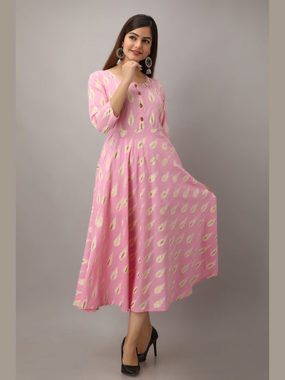 Cotton Printed Round Neck 3/4 Sleeve Flared Ankle Length Kurta