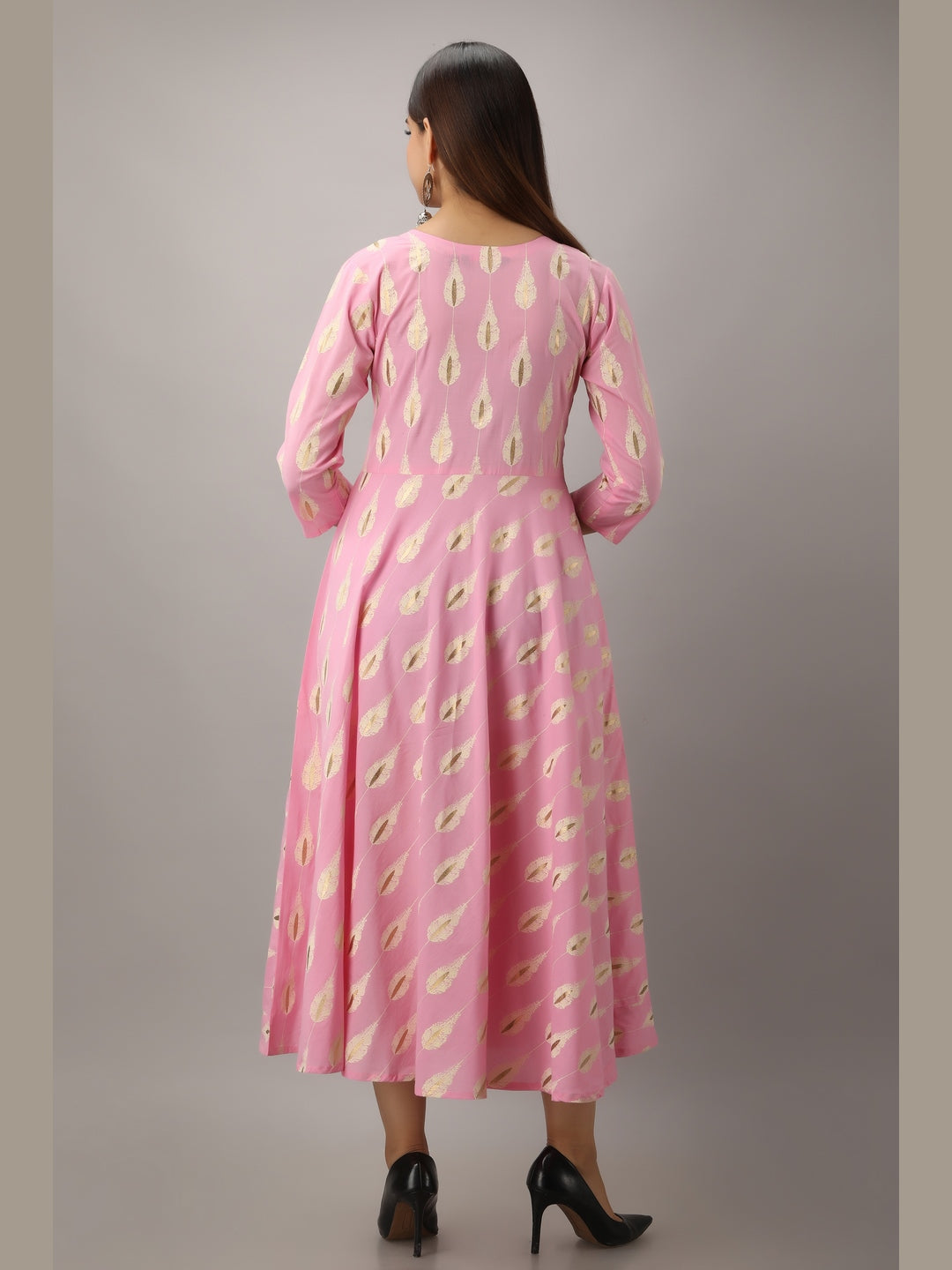 Cotton Printed Round Neck 3/4 Sleeve Flared Ankle Length Kurta