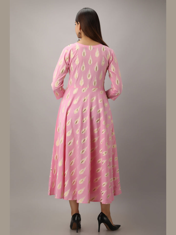 Cotton Printed Round Neck 3/4 Sleeve Flared Ankle Length Kurta