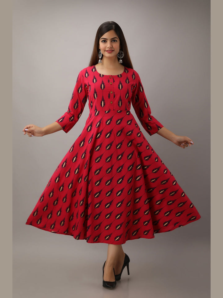 Cotton Printed Round Neck 3/4 Sleeve Flared Ankle Length Kurta