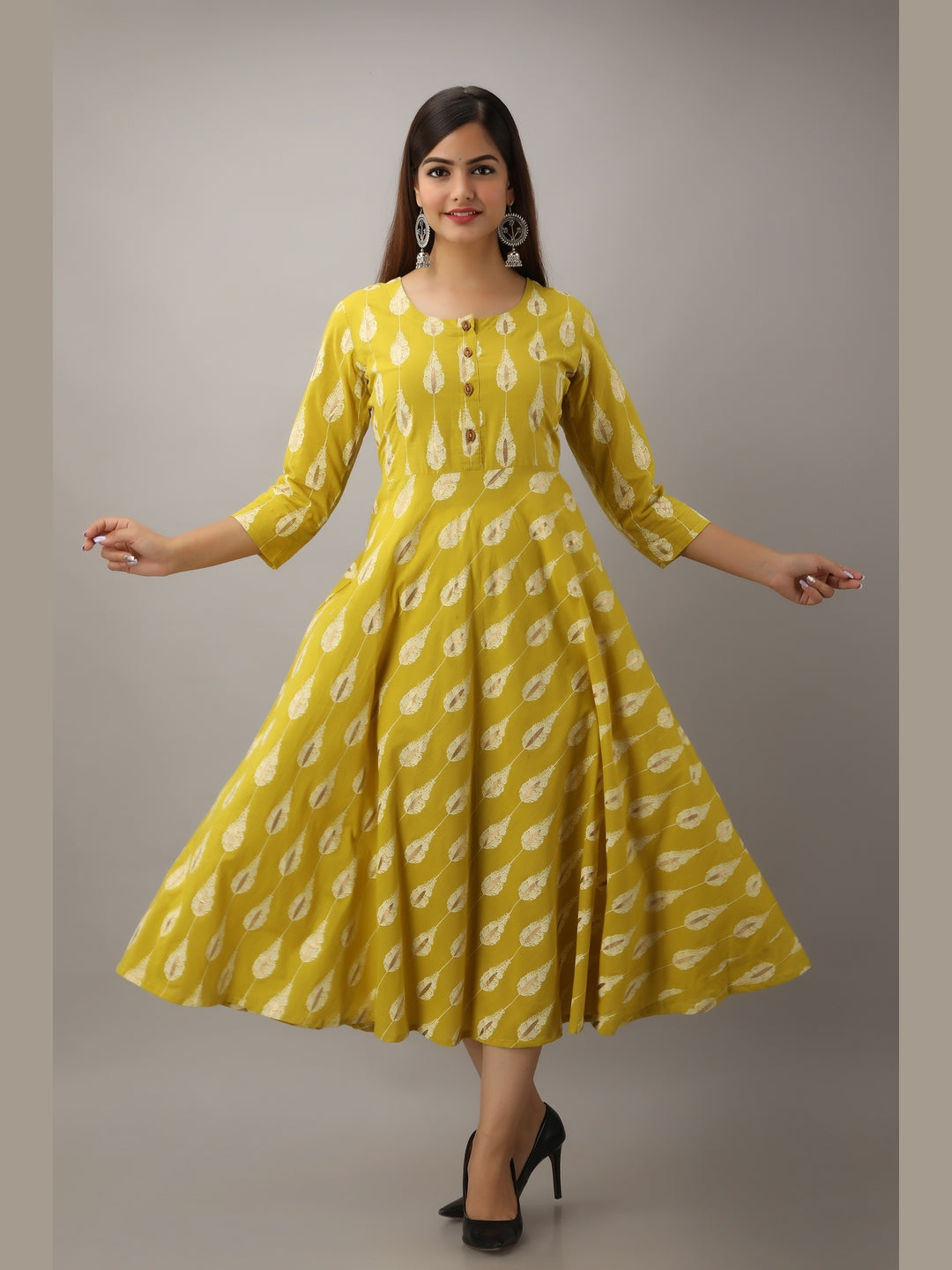 Cotton Printed Round Neck 3/4 Sleeve Flared Ankle Length Kurta