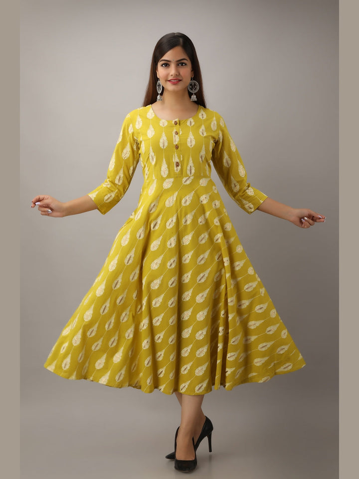 Cotton Printed Round Neck 3/4 Sleeve Flared Ankle Length Kurta