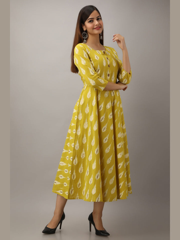 Cotton Printed Round Neck 3/4 Sleeve Flared Ankle Length Kurta
