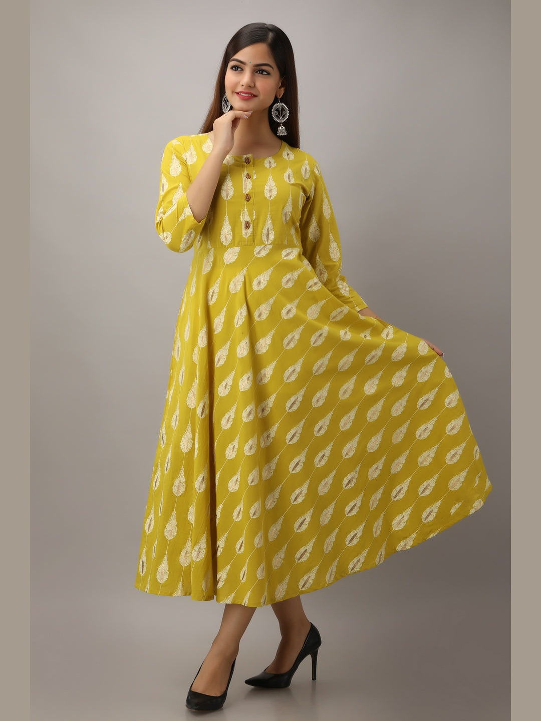 Cotton Printed Round Neck 3/4 Sleeve Flared Ankle Length Kurta