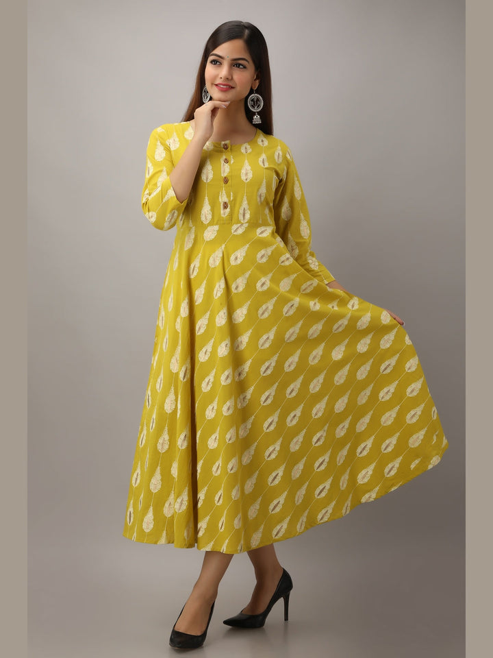 Cotton Printed Round Neck 3/4 Sleeve Flared Ankle Length Kurta