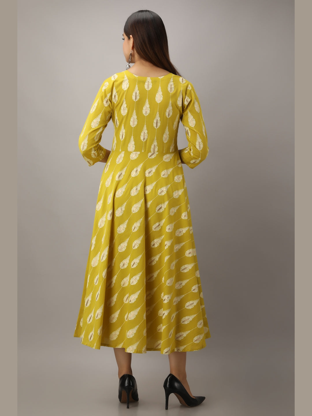 Cotton Printed Round Neck 3/4 Sleeve Flared Ankle Length Kurta