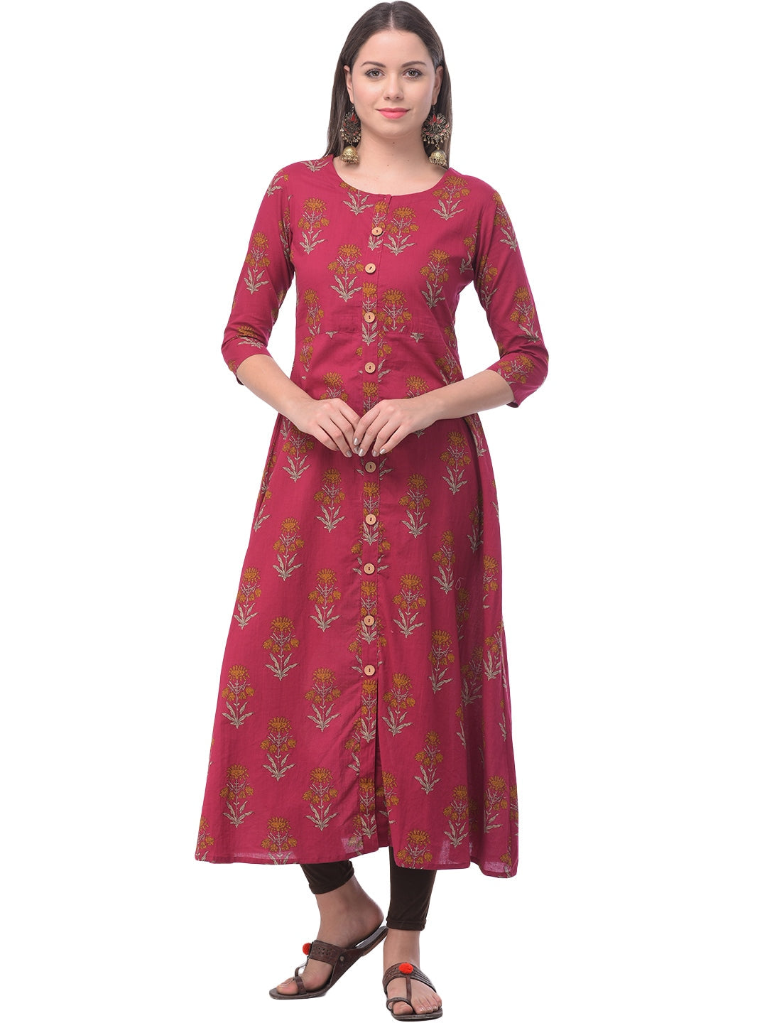 Cotton Printed Round Neck 3/4 Sleeve A-line Ankle Length Kurta