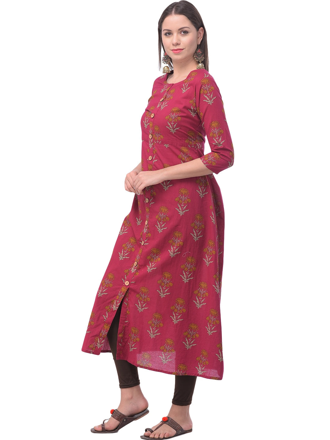 Cotton Printed Round Neck 3/4 Sleeve A-line Ankle Length Kurta