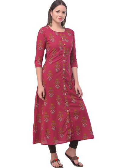 Cotton Printed Round Neck 3/4 Sleeve A-line Ankle Length Kurta