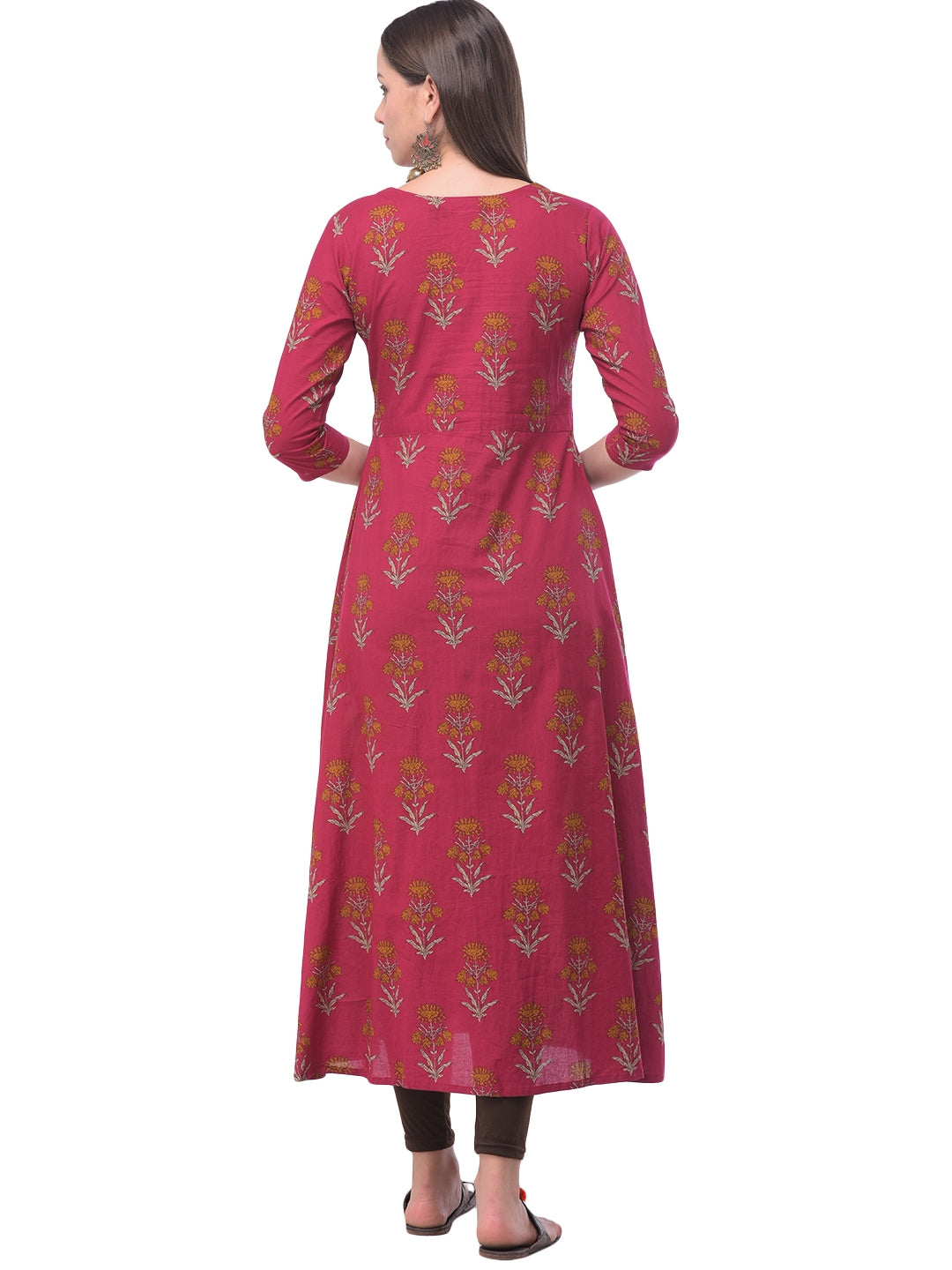 Cotton Printed Round Neck 3/4 Sleeve A-line Ankle Length Kurta