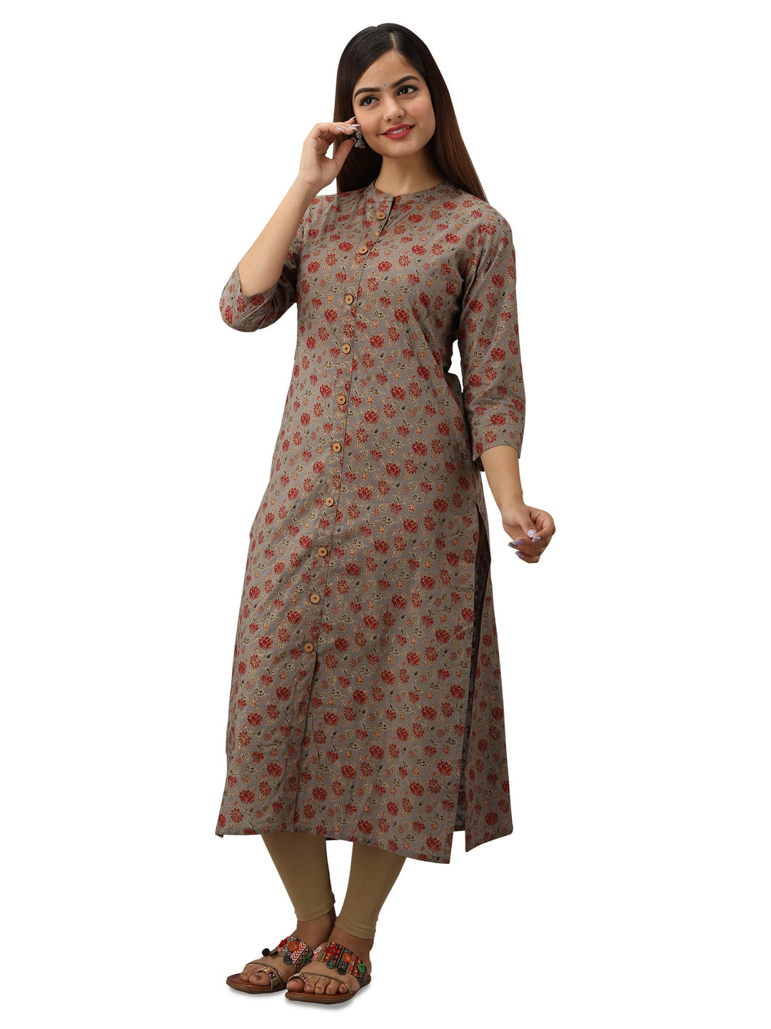 Cotton Printed Mandarin Neck 3/4 Sleeve Straight Calf Length Kurta