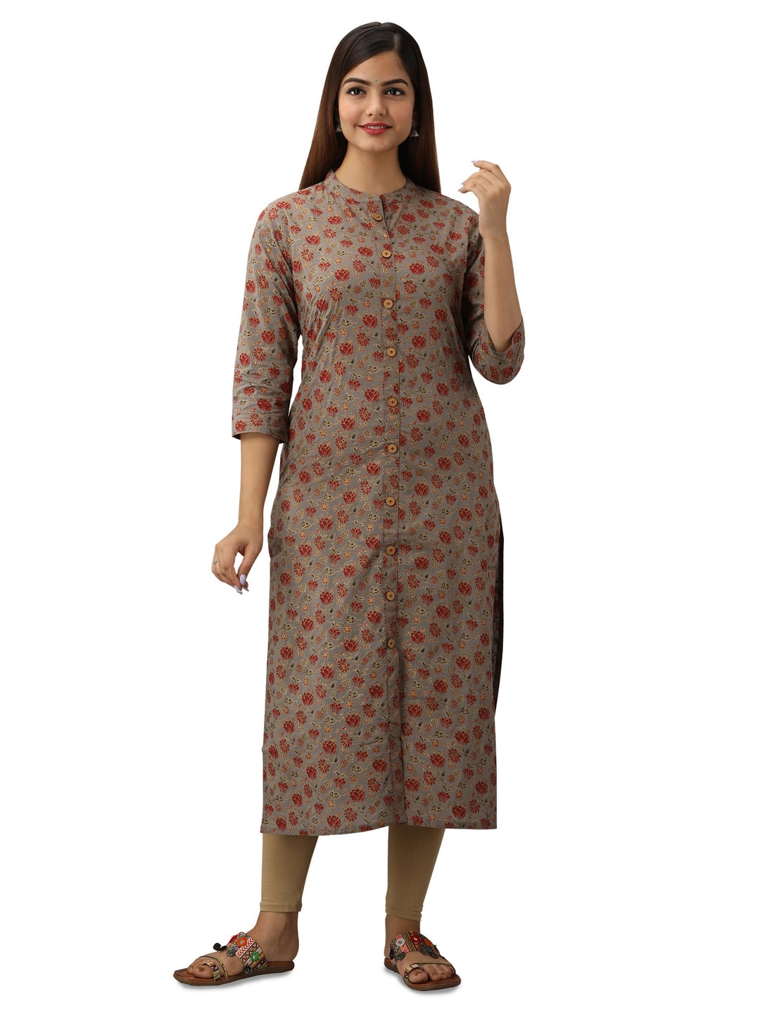 Cotton Printed Mandarin Neck 3/4 Sleeve Straight Calf Length Kurta