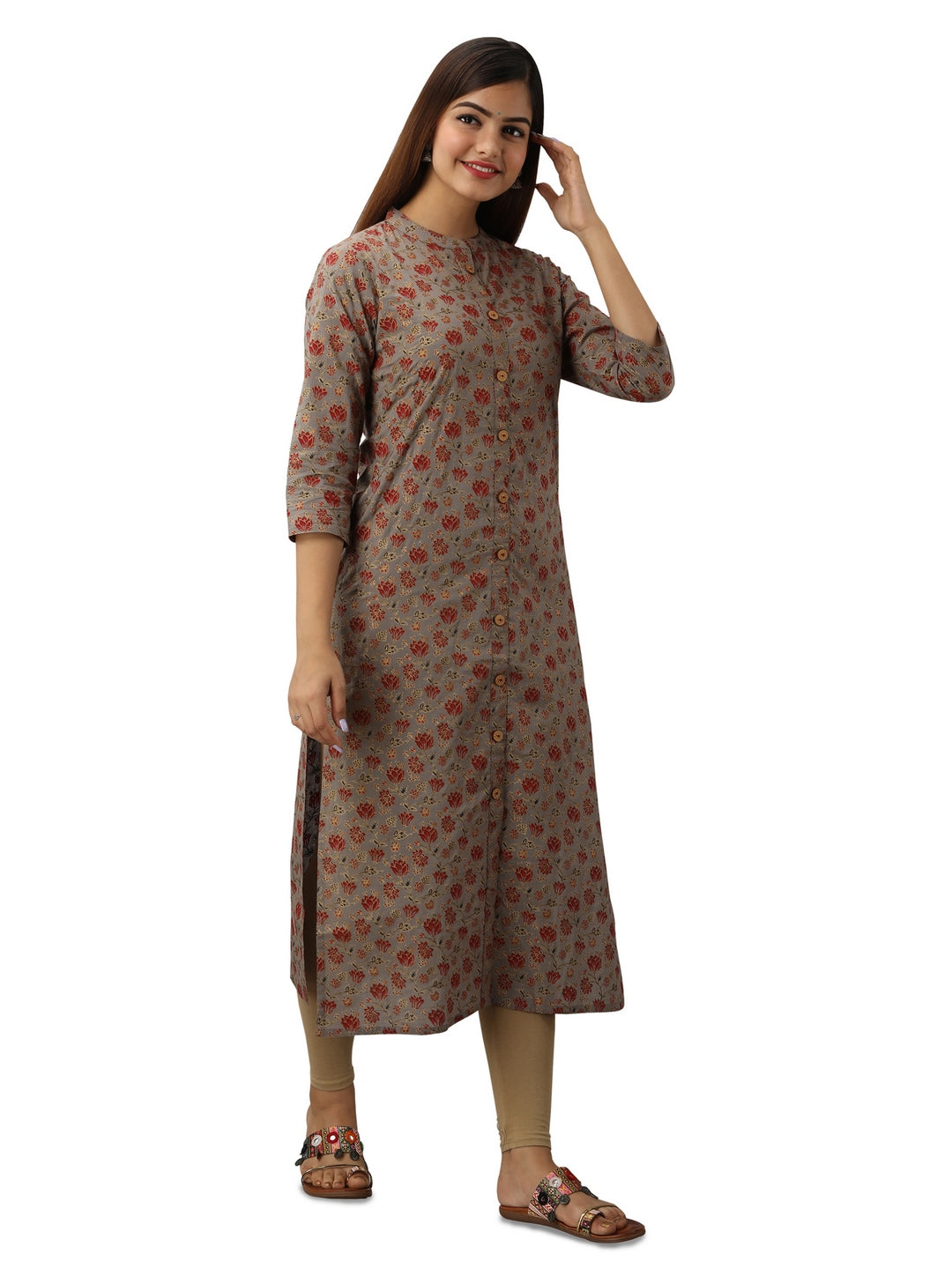Cotton Printed Mandarin Neck 3/4 Sleeve Straight Calf Length Kurta