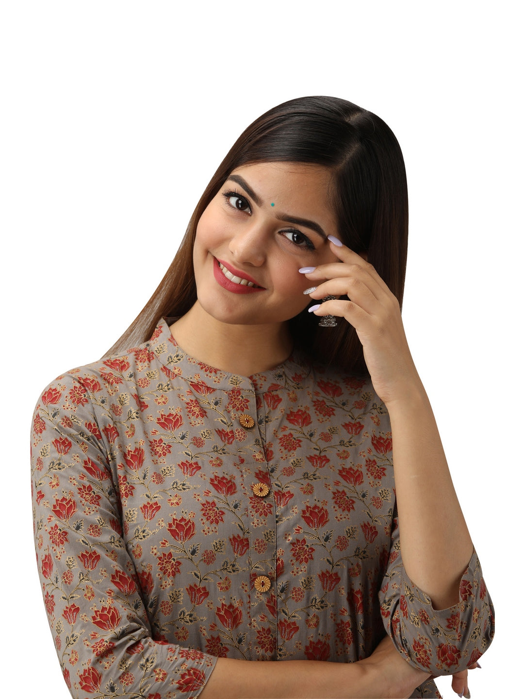 Cotton Printed Mandarin Neck 3/4 Sleeve Straight Calf Length Kurta