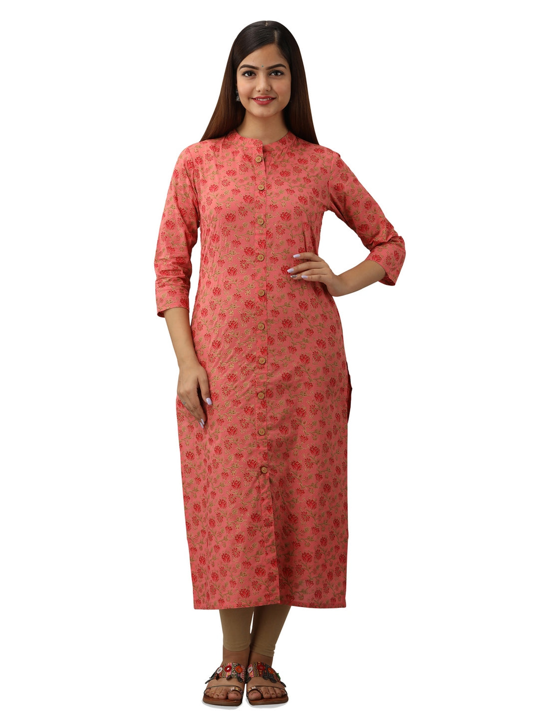 Cotton Printed Mandarin Neck 3/4 Sleeve Straight Calf Length Kurta