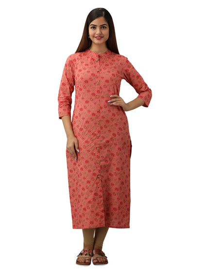 Cotton Printed Mandarin Neck 3/4 Sleeve Straight Calf Length Kurta