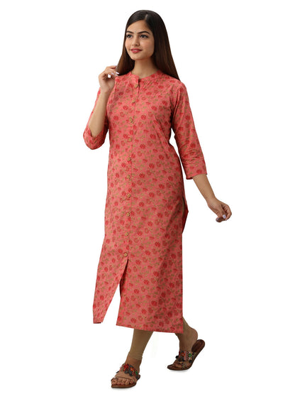 Cotton Printed Mandarin Neck 3/4 Sleeve Straight Calf Length Kurta