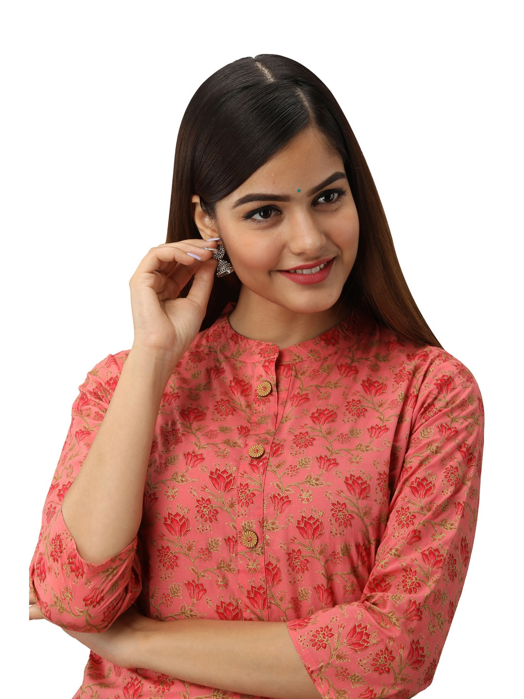 Cotton Printed Mandarin Neck 3/4 Sleeve Straight Calf Length Kurta