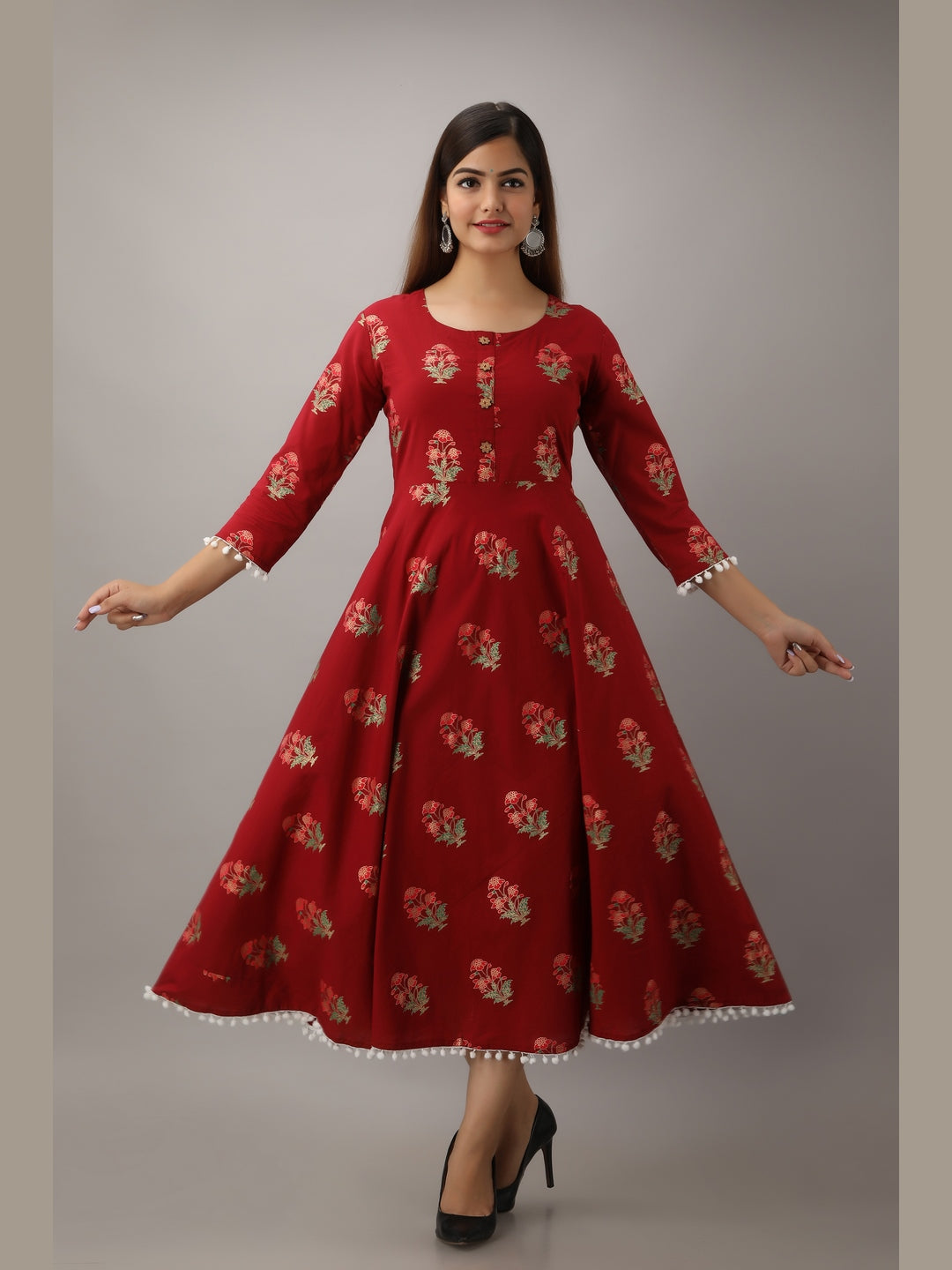 Cotton Printed Round Neck 3/4 Sleeve Flared Ankle Length Kurta
