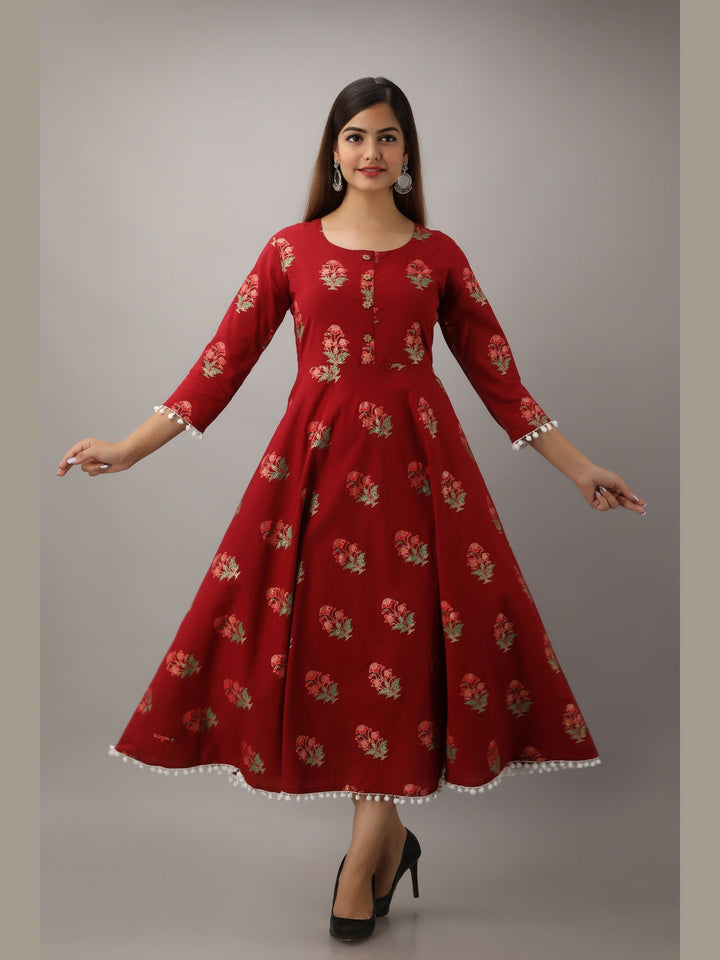 Cotton Printed Round Neck 3/4 Sleeve Flared Ankle Length Kurta