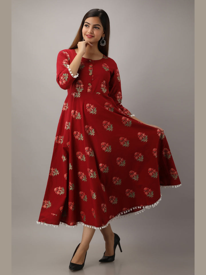 Cotton Printed Round Neck 3/4 Sleeve Flared Ankle Length Kurta
