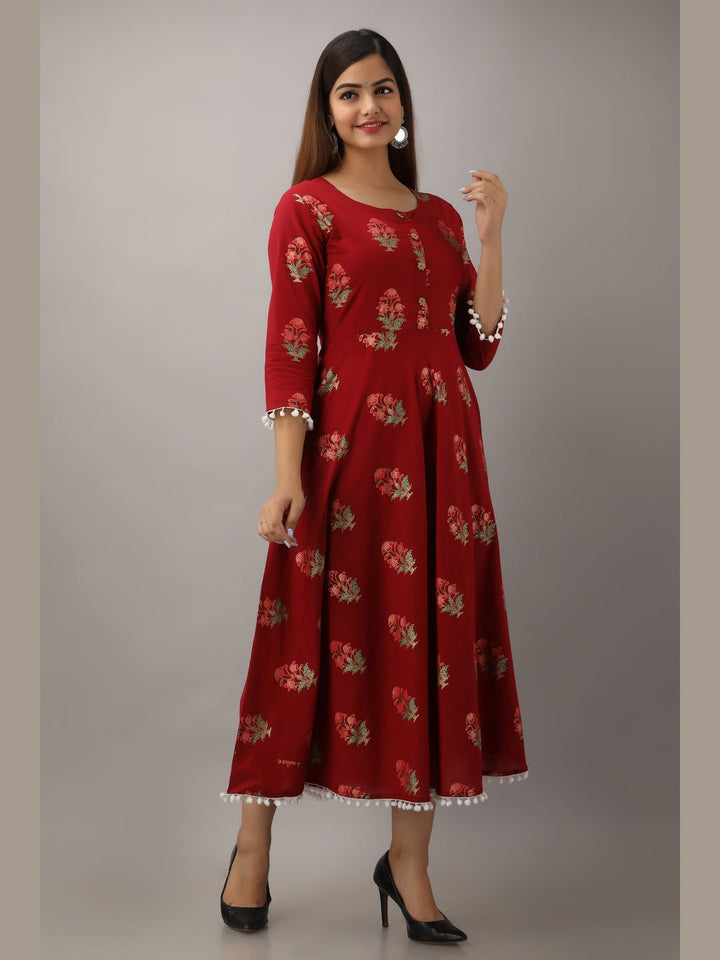 Cotton Printed Round Neck 3/4 Sleeve Flared Ankle Length Kurta