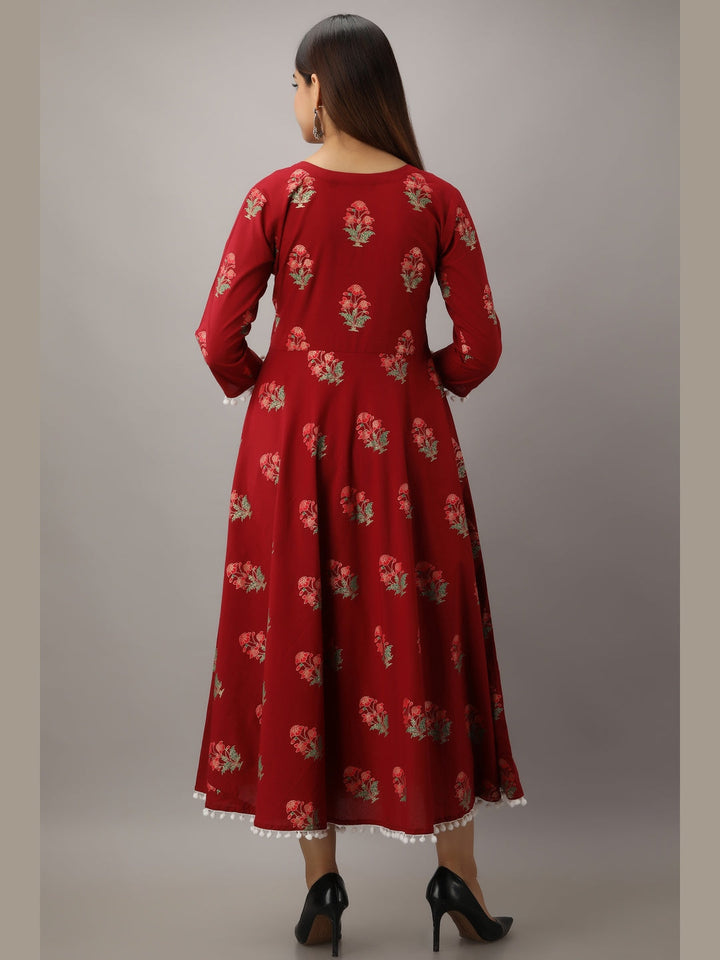 Cotton Printed Round Neck 3/4 Sleeve Flared Ankle Length Kurta