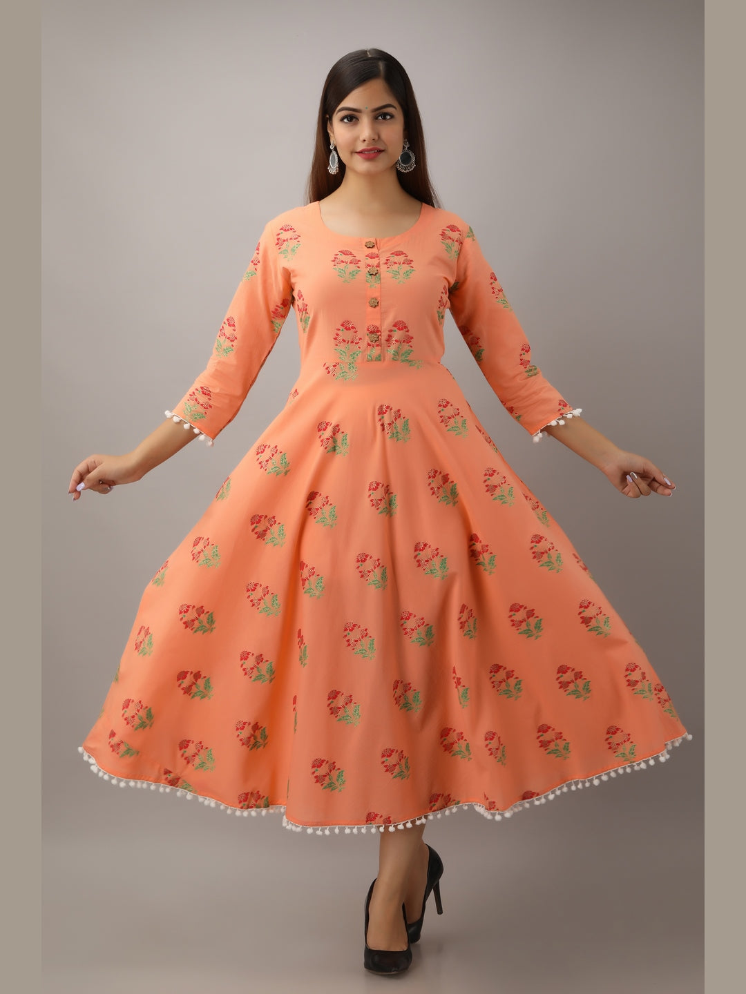 Cotton Printed Round Neck 3/4 Sleeve Flared Ankle Length Kurta