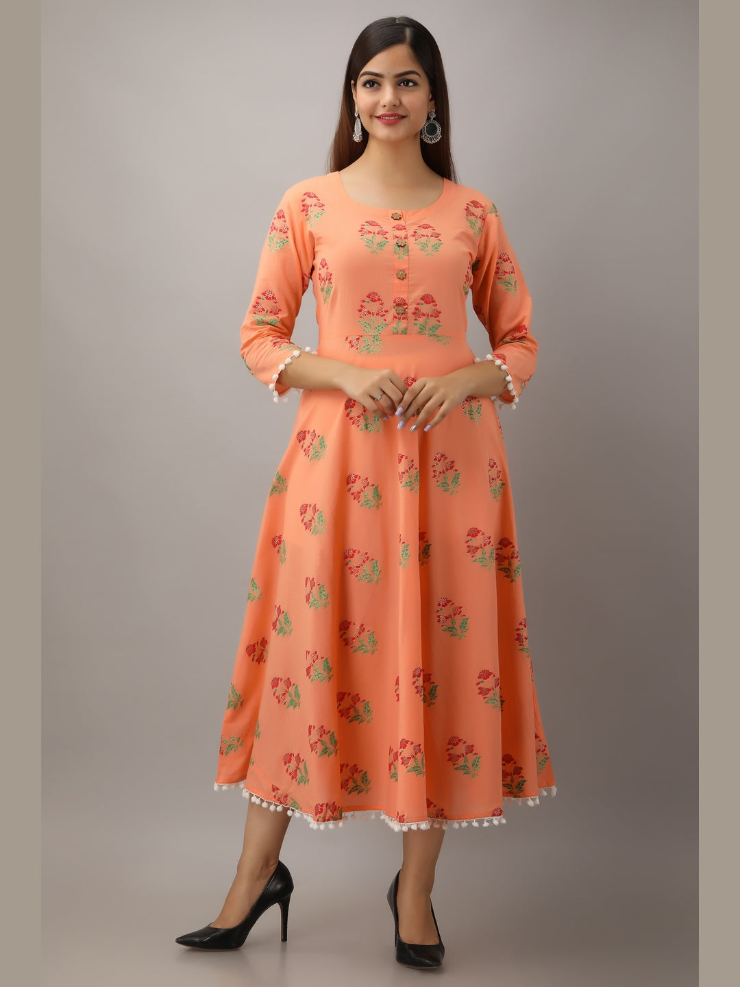 Cotton Printed Round Neck 3/4 Sleeve Flared Ankle Length Kurta