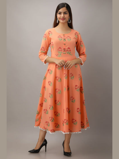 Cotton Printed Round Neck 3/4 Sleeve Flared Ankle Length Kurta