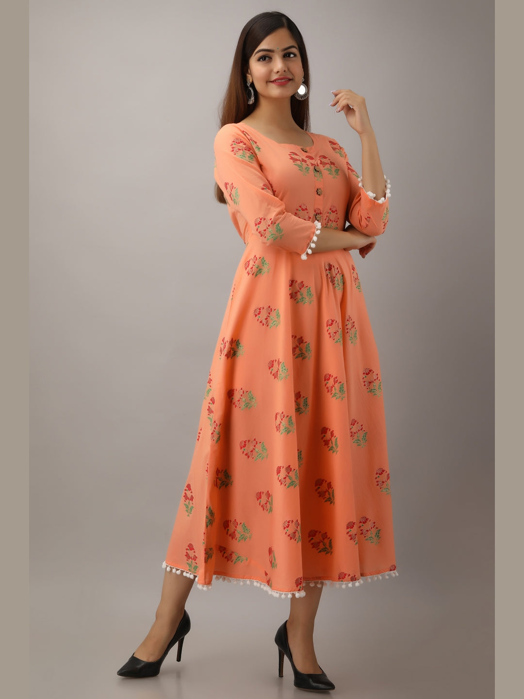 Cotton Printed Round Neck 3/4 Sleeve Flared Ankle Length Kurta