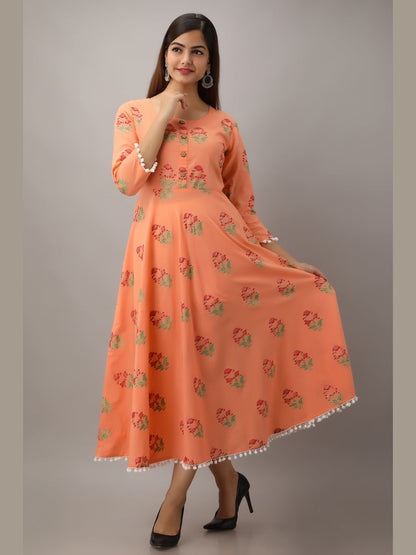 Cotton Printed Round Neck 3/4 Sleeve Flared Ankle Length Kurta