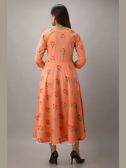 Cotton Printed Round Neck 3/4 Sleeve Flared Ankle Length Kurta
