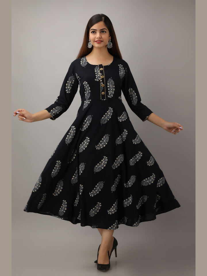 Cotton Printed Round Neck 3/4 Sleeve Flared Ankle Length Kurta