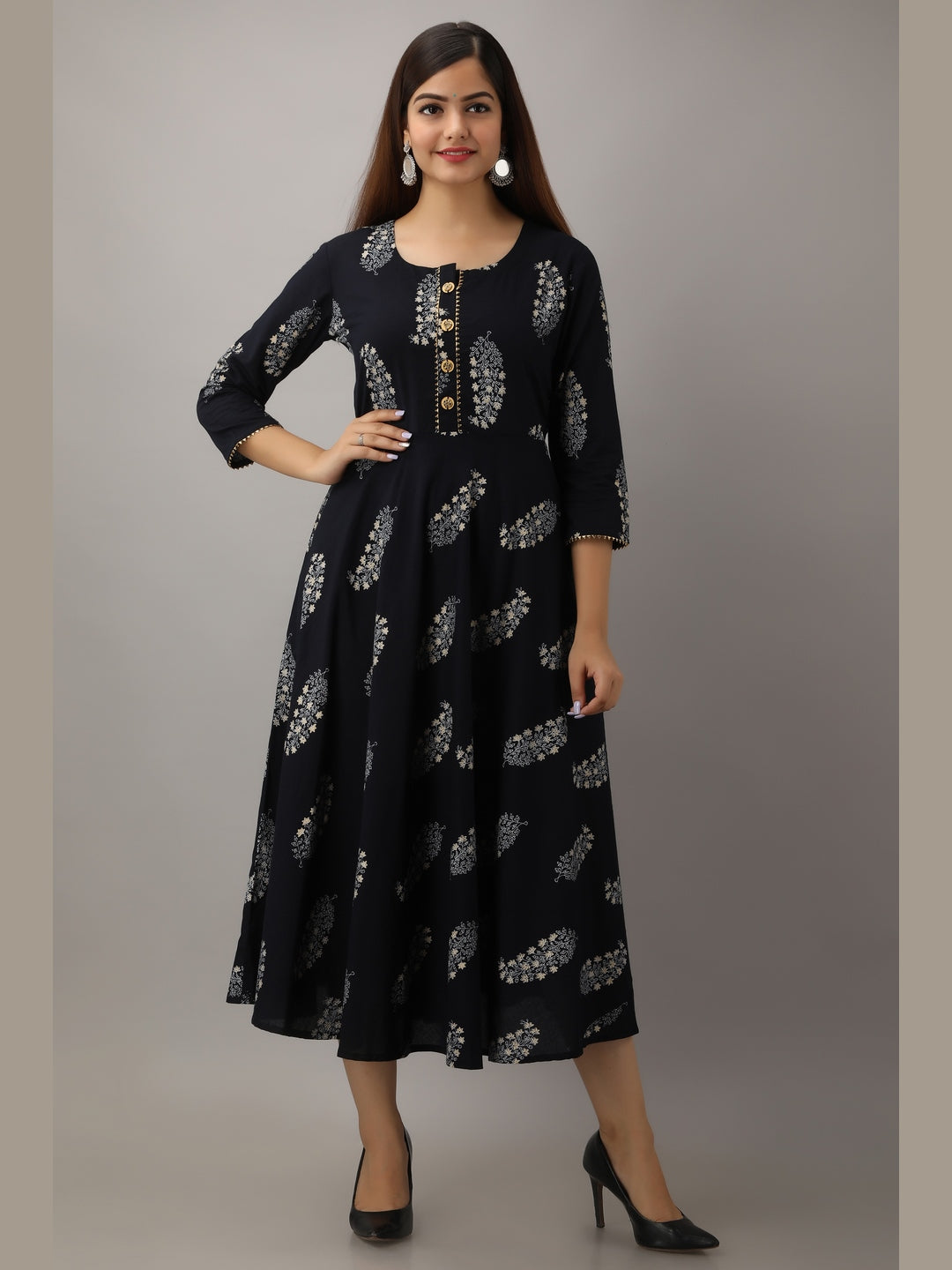 Cotton Printed Round Neck 3/4 Sleeve Flared Ankle Length Kurta