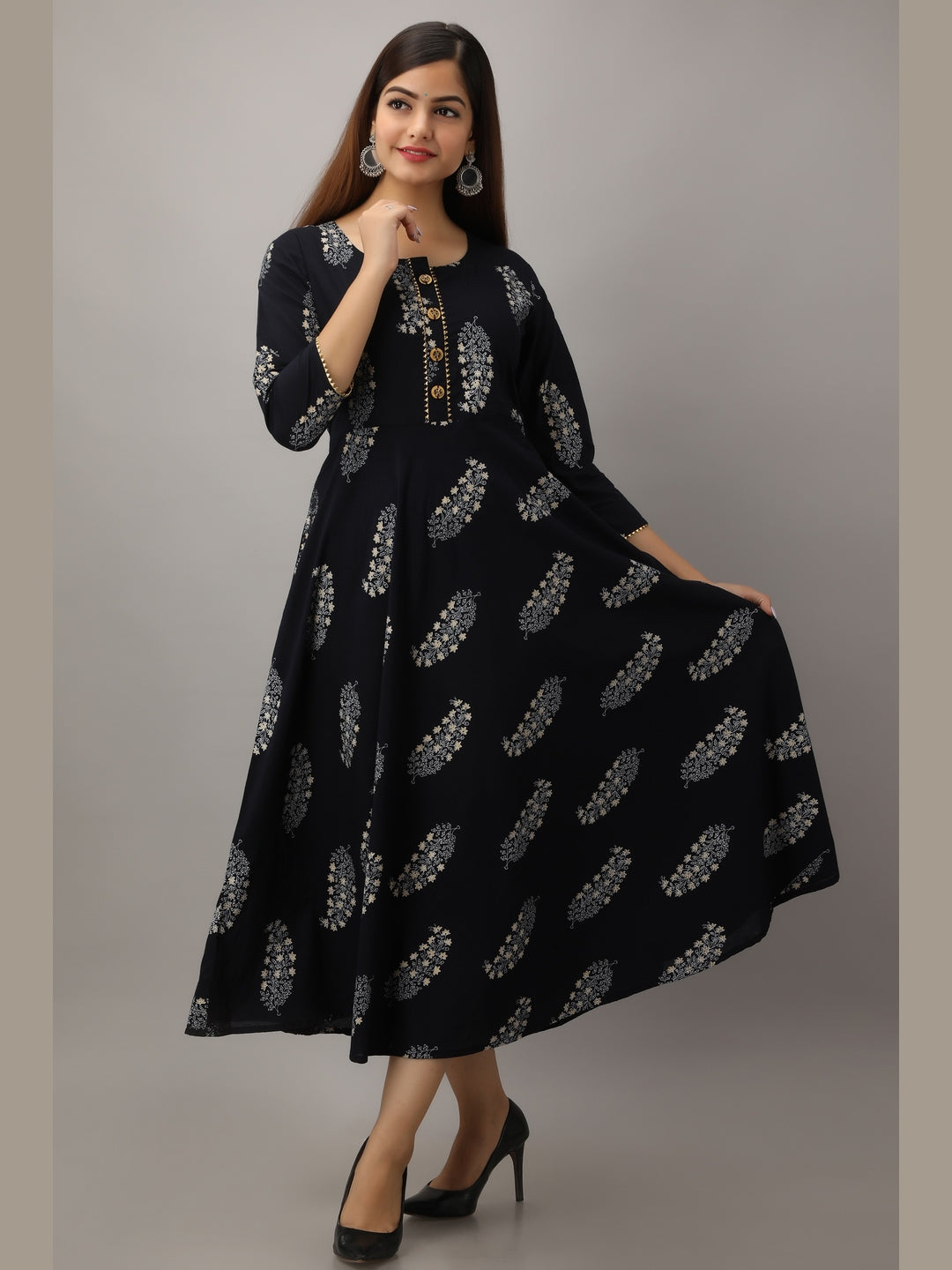 Cotton Printed Round Neck 3/4 Sleeve Flared Ankle Length Kurta