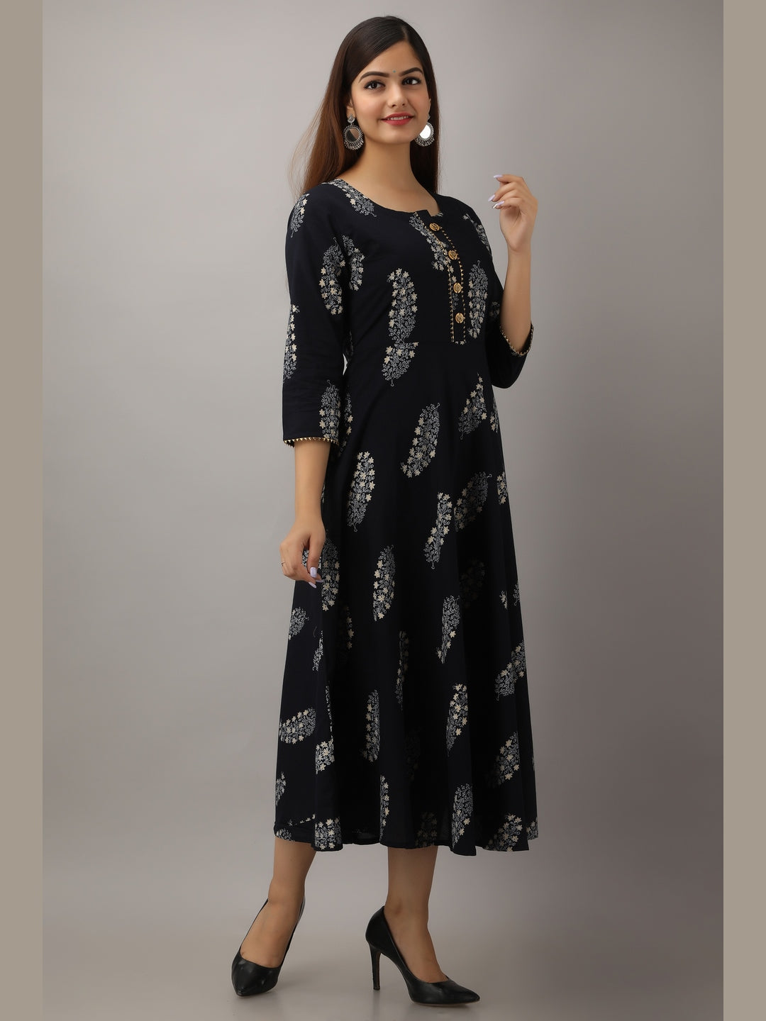 Cotton Printed Round Neck 3/4 Sleeve Flared Ankle Length Kurta