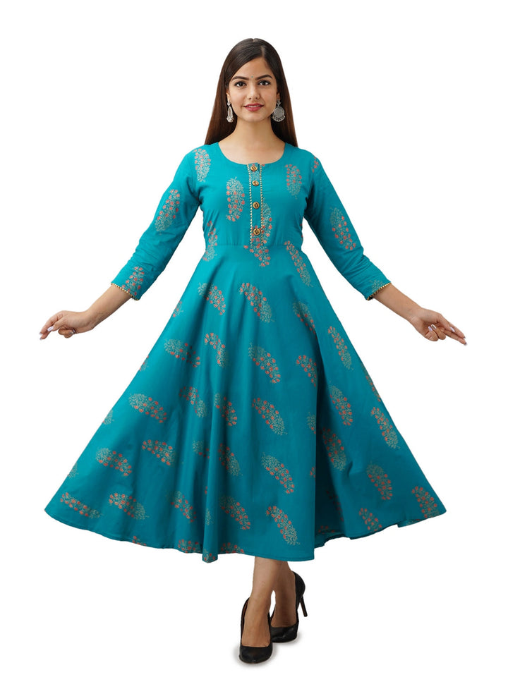 Cotton Printed Round Neck 3/4 Sleeve Flared Ankle Length Kurta