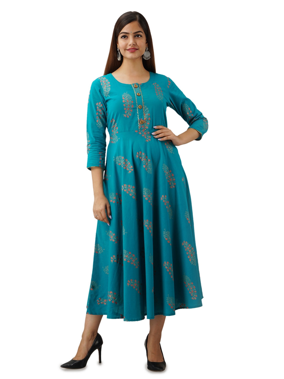 Cotton Printed Round Neck 3/4 Sleeve Flared Ankle Length Kurta