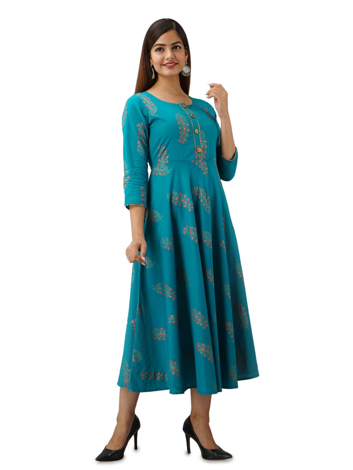 Cotton Printed Round Neck 3/4 Sleeve Flared Ankle Length Kurta