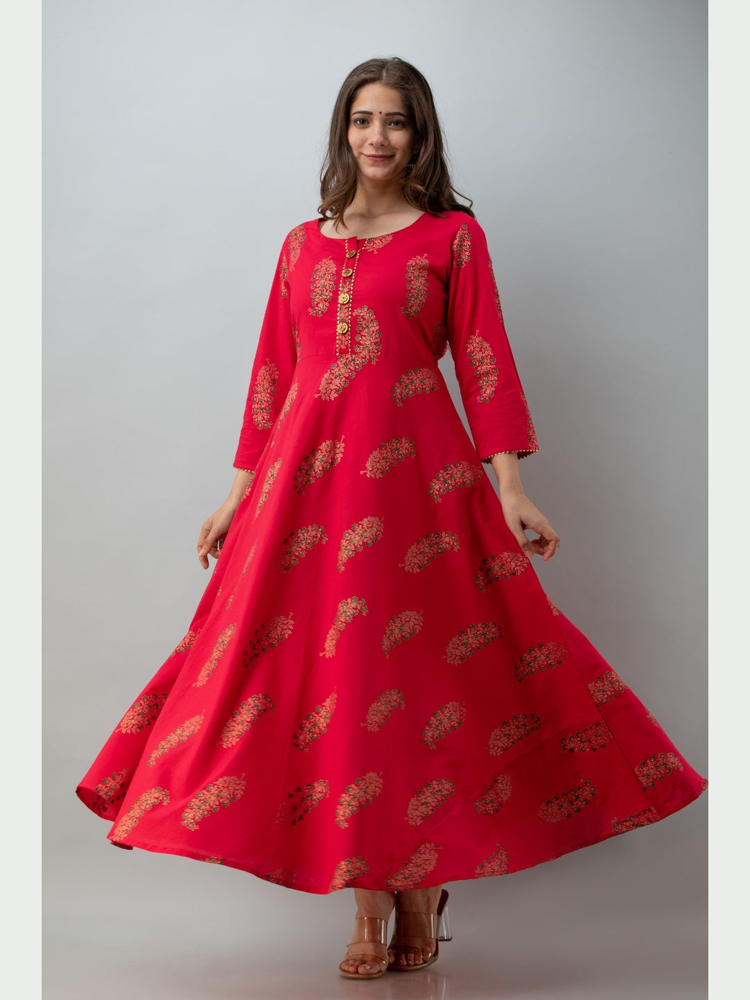 Cotton Printed Round Neck 3/4 Sleeve Flared Ankle Length Kurta