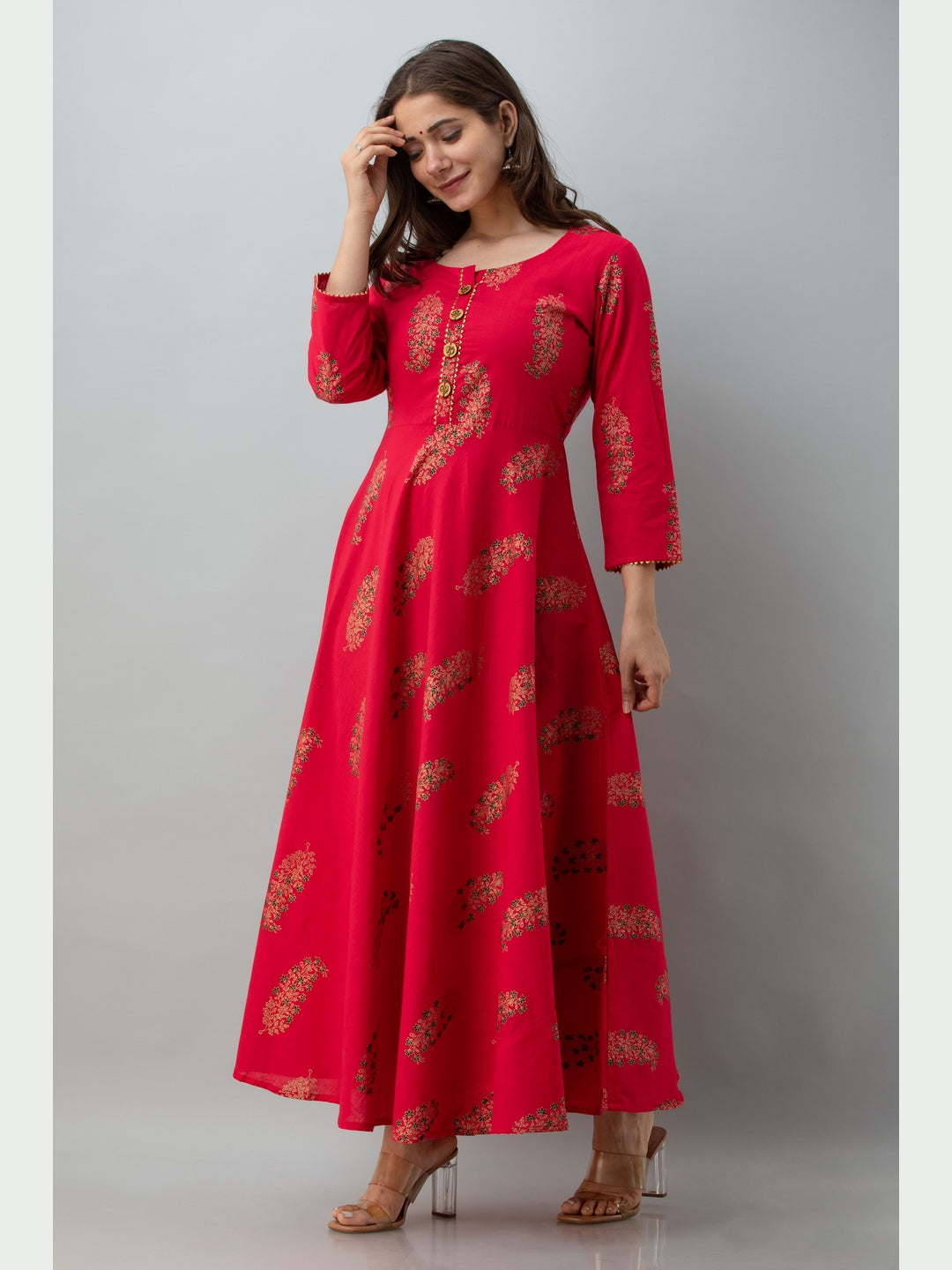 Cotton Printed Round Neck 3/4 Sleeve Flared Ankle Length Kurta