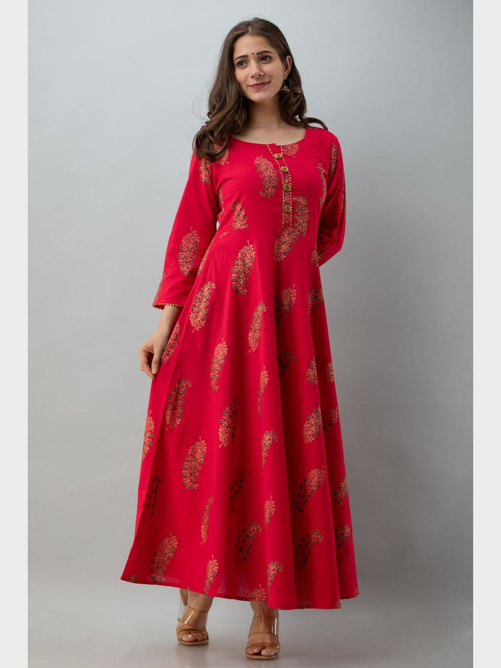 Cotton Printed Round Neck 3/4 Sleeve Flared Ankle Length Kurta
