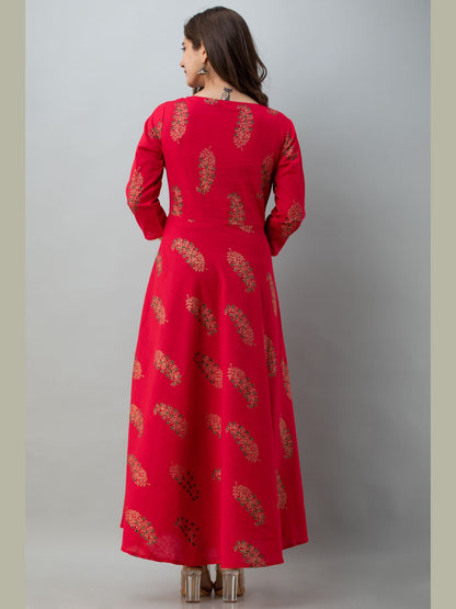 Cotton Printed Round Neck 3/4 Sleeve Flared Ankle Length Kurta