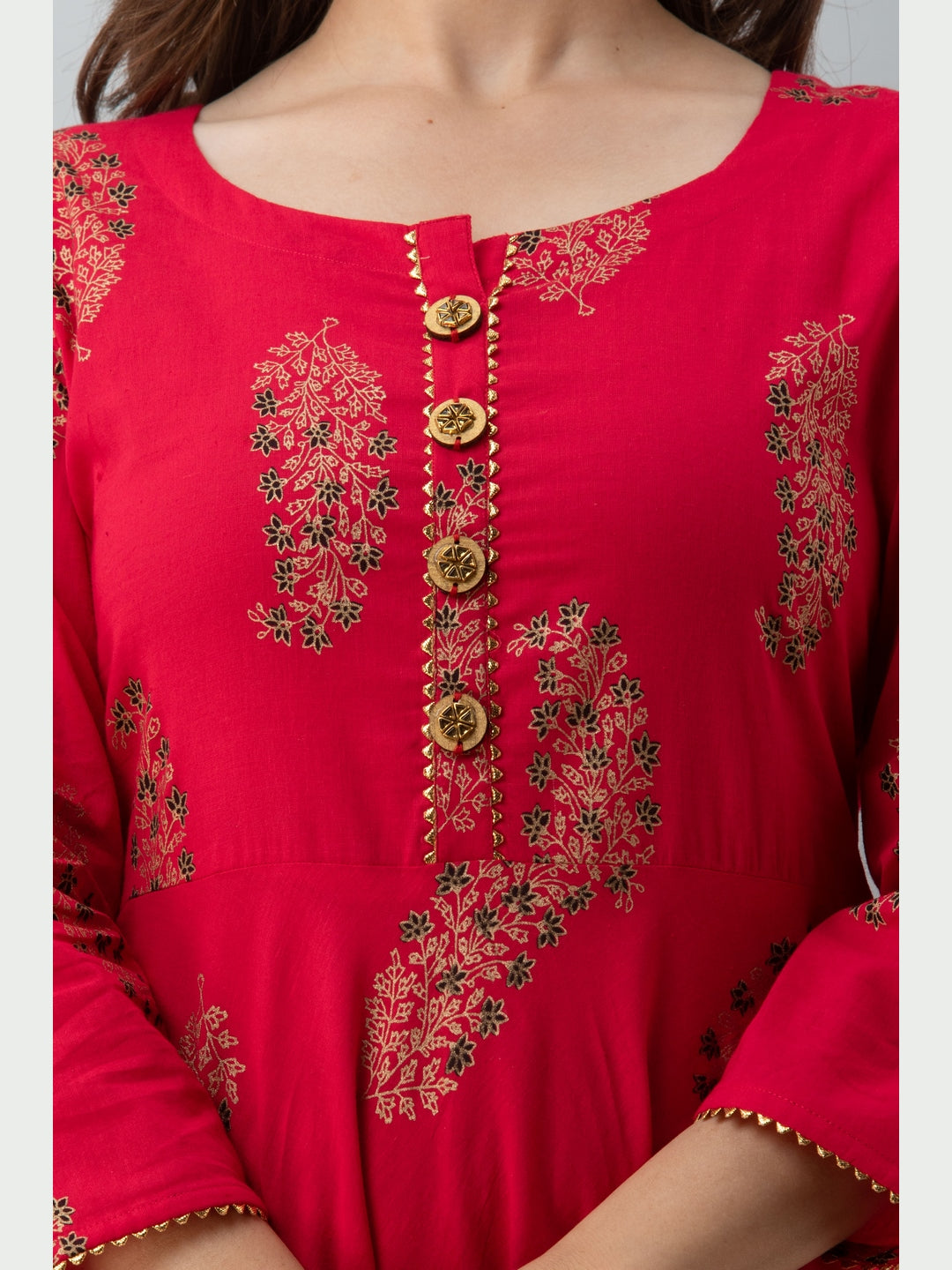 Cotton Printed Round Neck 3/4 Sleeve Flared Ankle Length Kurta