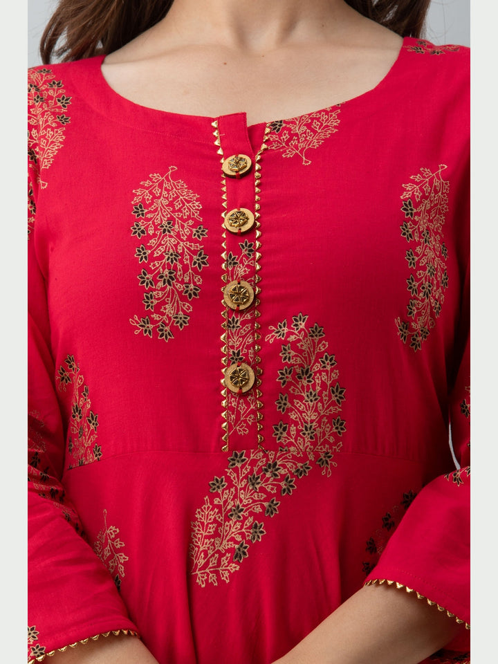 Cotton Printed Round Neck 3/4 Sleeve Flared Ankle Length Kurta