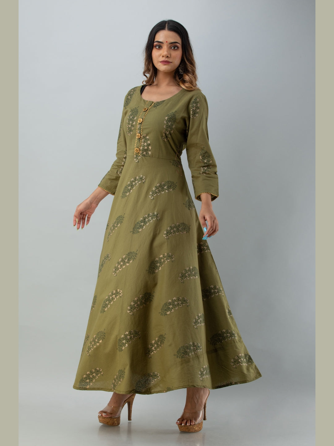 Cotton Printed Round Neck 3/4 Sleeve Flared Ankle Length Kurta