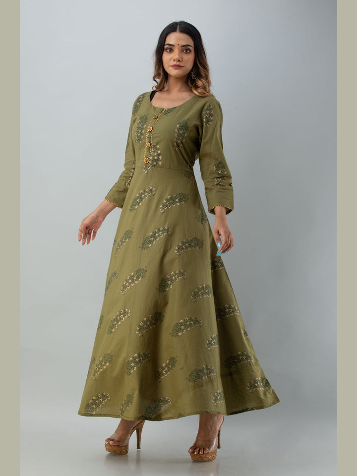 Cotton Printed Round Neck 3/4 Sleeve Flared Ankle Length Kurta